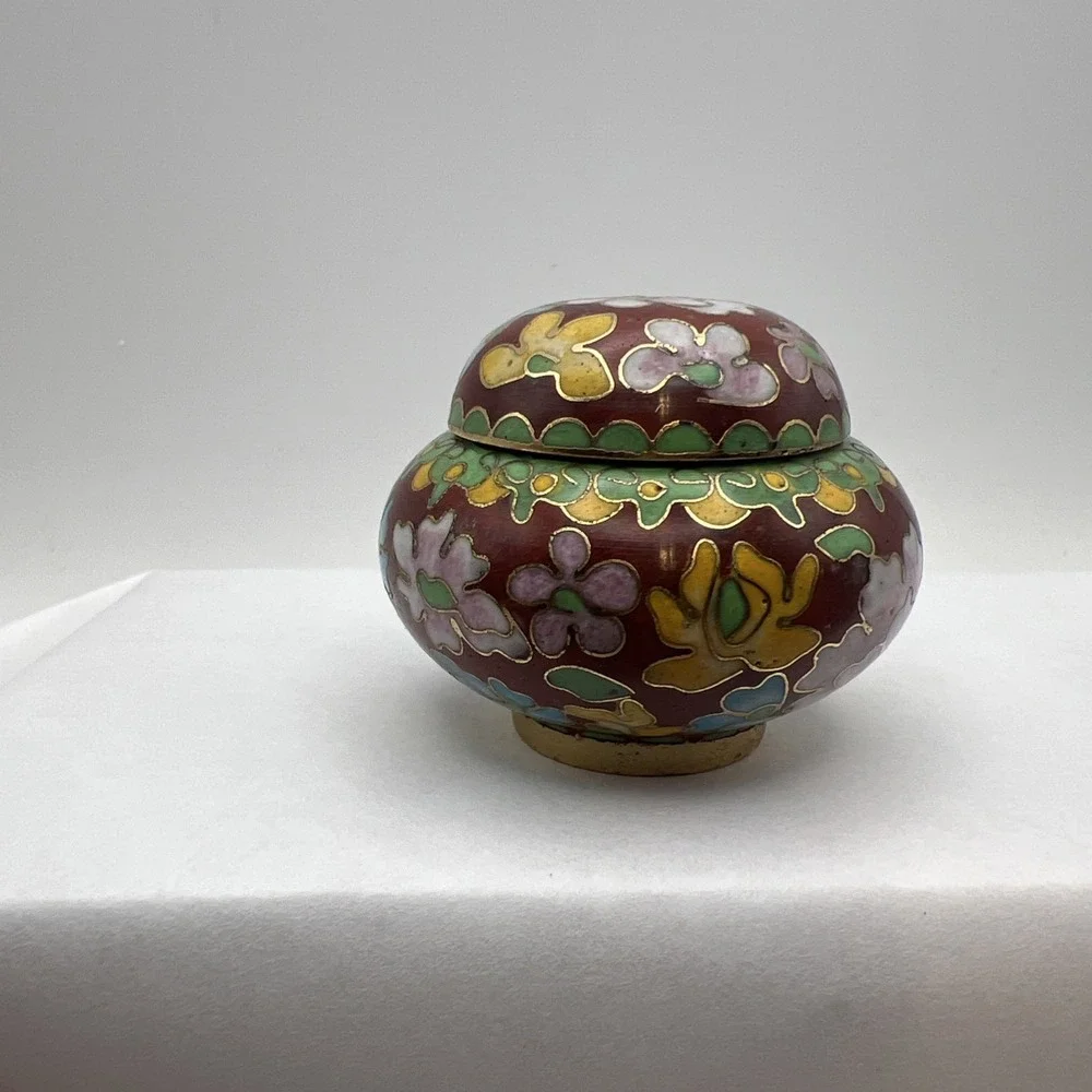 Vtg Small Chinese Floral Cloisonné Enamel Jar With Lid Exc Cond Trinket Bowl